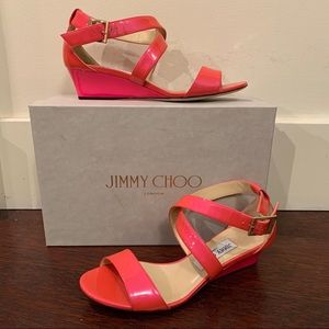 Jimmy Choo Neon Patent Wedge Sandal Size 37.5